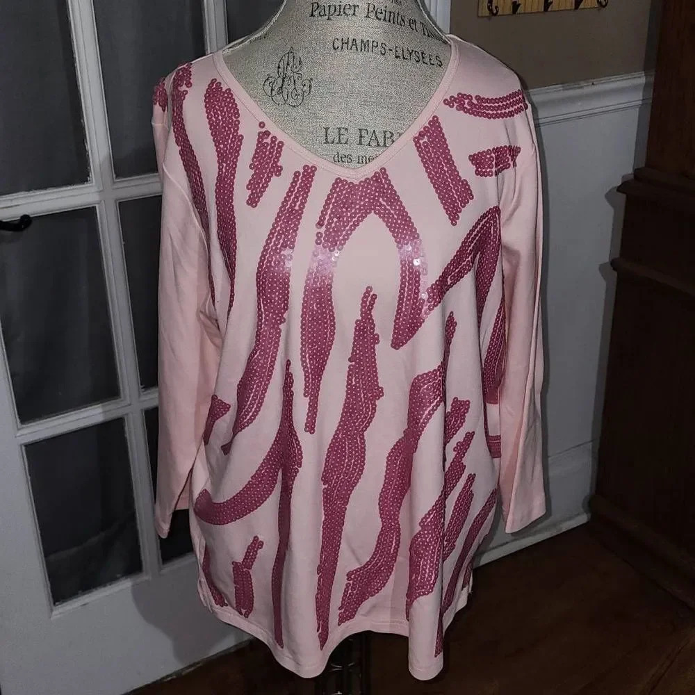 Quacker Factory Womens Light Pink Embellished Seguin Long Sleeve Shirt Top Large